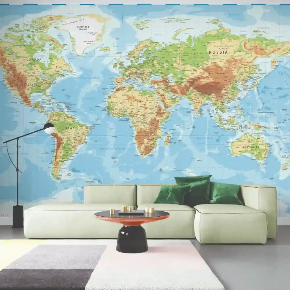 Topographical World Map Room scene
